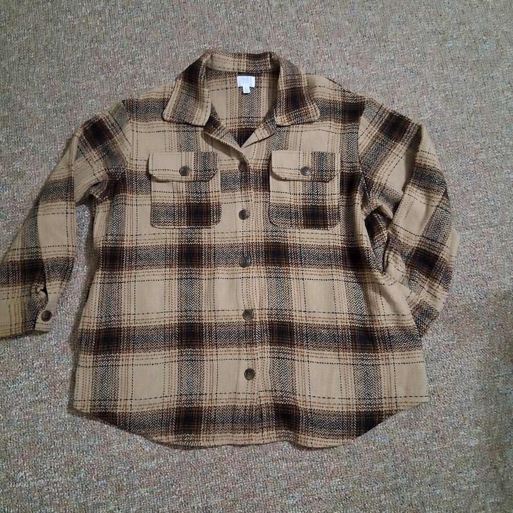 Brown Plaid Flannel Shacket Jacket Womens XL 16-18 Oversized Cozy Gorpcore